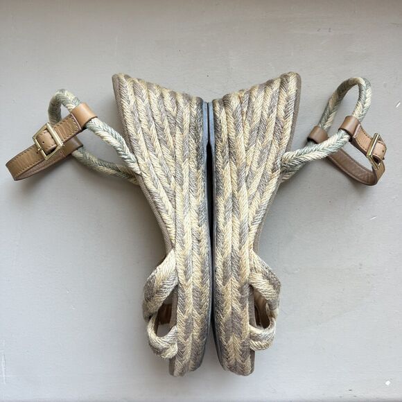Tory Burch Camelia Tan Taupe Blended Jute Espadrille Wedge Sandal Ankle Strap 10 - Picture 5 of 16